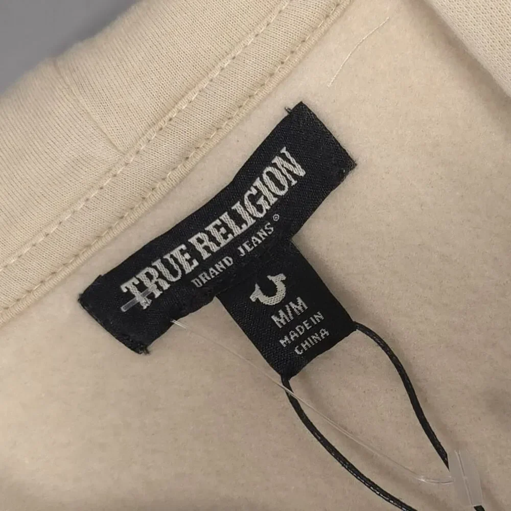 TRUE RELIGION Men's New MEDIUM Full Zip Hoodie Fog Beige Buddha Guitar 701400
